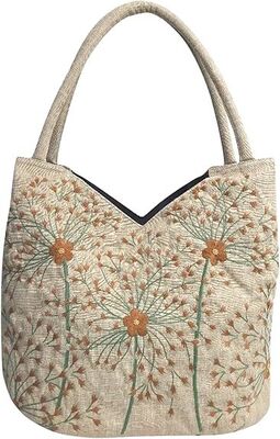 Embroidered Handbags for Women, Large Beads Flower Shoulder Tote Bag with Zipper Fabric Hobo Bags, Mother's Day Bag
