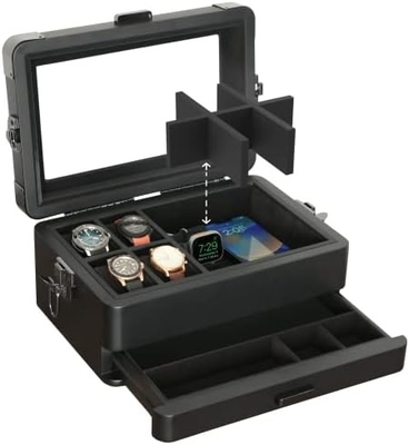 CASE ELEGANCE সামরিক 10 স্লট ঘড়ি বক্স কেস অর্গানাইজার পুরুষদের জন্য, বাস্তব গ্লাস টপ, মডুলার ভ্যালেট ট্রে,