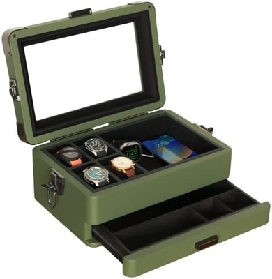 CASE ELEGANCE সামরিক 10 স্লট ঘড়ি বক্স কেস অর্গানাইজার পুরুষদের জন্য, বাস্তব গ্লাস টপ, মডুলার ভ্যালেট ট্রে,