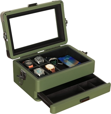 CASE ELEGANCE সামরিক 10 স্লট ঘড়ি বক্স কেস অর্গানাইজার পুরুষদের জন্য, বাস্তব গ্লাস টপ, মডুলার ভ্যালেট ট্রে,