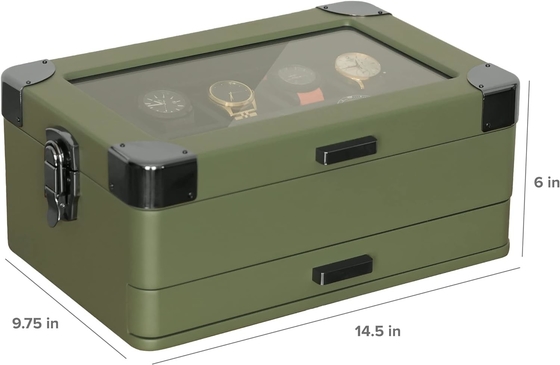 CASE ELEGANCE সামরিক 10 স্লট ঘড়ি বক্স কেস অর্গানাইজার পুরুষদের জন্য, বাস্তব গ্লাস টপ, মডুলার ভ্যালেট ট্রে,