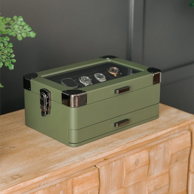 CASE ELEGANCE সামরিক 10 স্লট ঘড়ি বক্স কেস অর্গানাইজার পুরুষদের জন্য, বাস্তব গ্লাস টপ, মডুলার ভ্যালেট ট্রে,