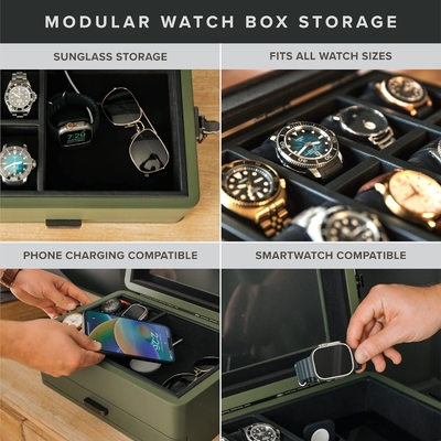 CASE ELEGANCE সামরিক 10 স্লট ঘড়ি বক্স কেস অর্গানাইজার পুরুষদের জন্য, বাস্তব গ্লাস টপ, মডুলার ভ্যালেট ট্রে,