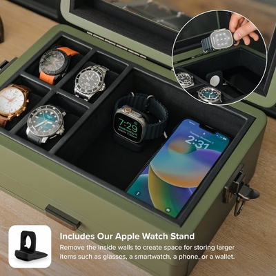 CASE ELEGANCE সামরিক 10 স্লট ঘড়ি বক্স কেস অর্গানাইজার পুরুষদের জন্য, বাস্তব গ্লাস টপ, মডুলার ভ্যালেট ট্রে,
