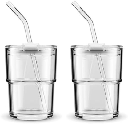 13oz/400ml টাম্বলার ওয়াটার গ্লাস, স্ট্রো এবং ঢাকনা সীলযুক্ত কাপ কফি, আইসড চা, পুরু দেয়াল নিরোধক গ্লাসের জন্য বহন করুন