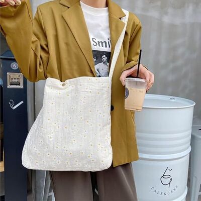 Women’s Floral Embroidered Tote Bag with Pocket flowers embroidery crossbody shoulder bag beach cute handbag canvas