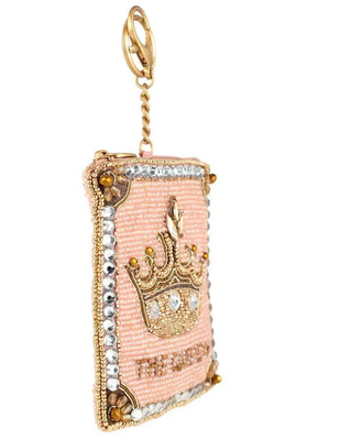 Crowned Jewel Coin Purse Soft pink beaded coin bag with glittering gold crown zipper closure easy open trigger hook key ring and credit card fitting compact design