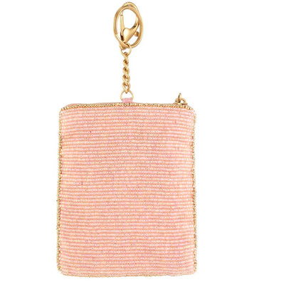 Crowned Jewel Coin Purse Soft pink beaded coin bag with glittering gold crown zipper closure easy open trigger hook key ring and credit card fitting compact design