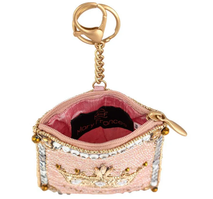 Crowned Jewel Coin Purse Soft pink beaded coin bag with glittering gold crown zipper closure easy open trigger hook key ring and credit card fitting compact design