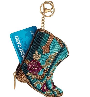 Kickin' Around Coin PurseSoft pink beaded coin bag with glittering gold crown zipper closure easy open trigger hook key ring and credit card fitting compact design